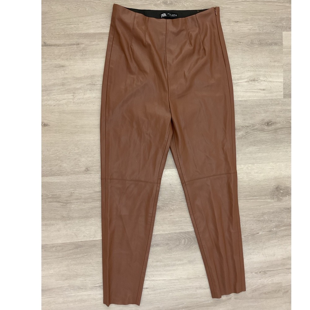 Zara Womens High Rise Faux Leather Leggings Cognac Brown Side‎ Zip Size L